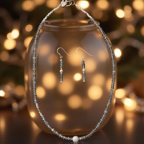 Dainty Labradorite & Pearl Necklace • 18K GF Accents • Sterling Heart Clasp - Picture 11 of 12